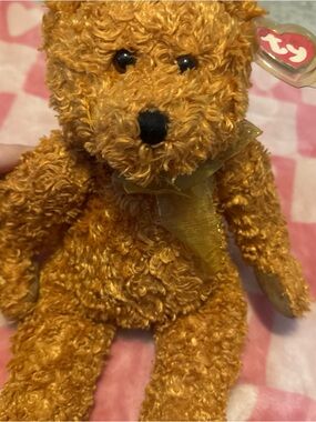 Ty Gold Curly Bear Plush with Sheer Bow